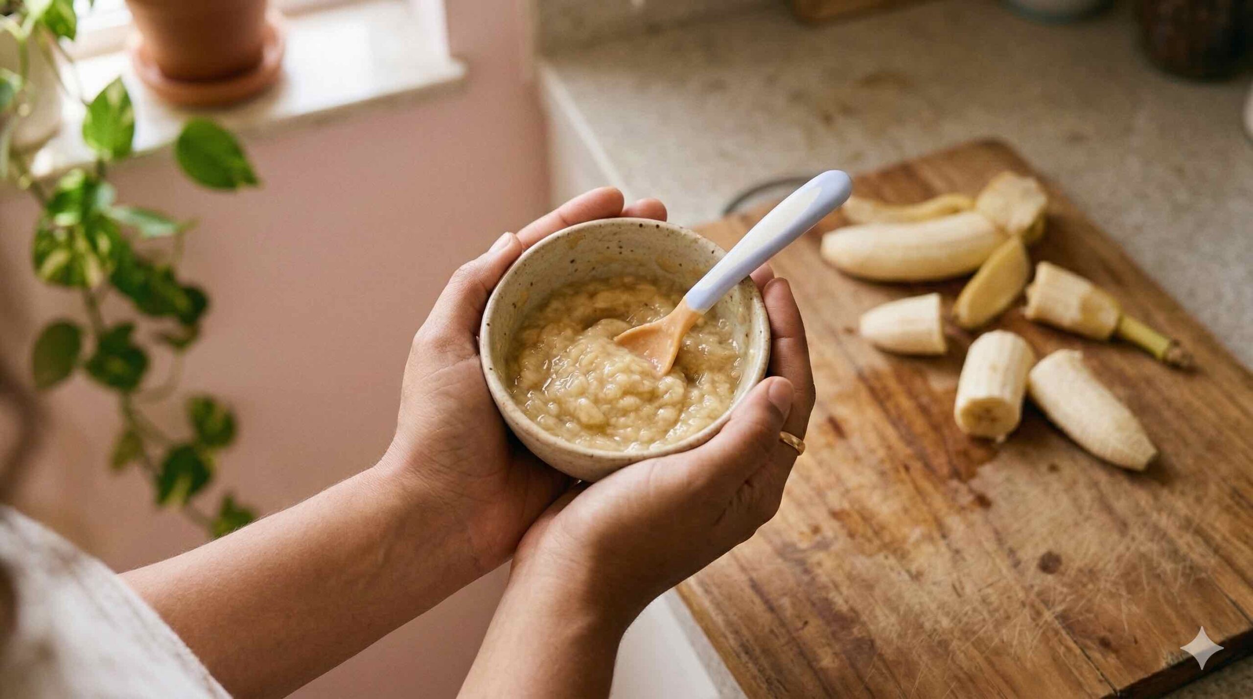 Mãos de mãe preparando comida do bebê