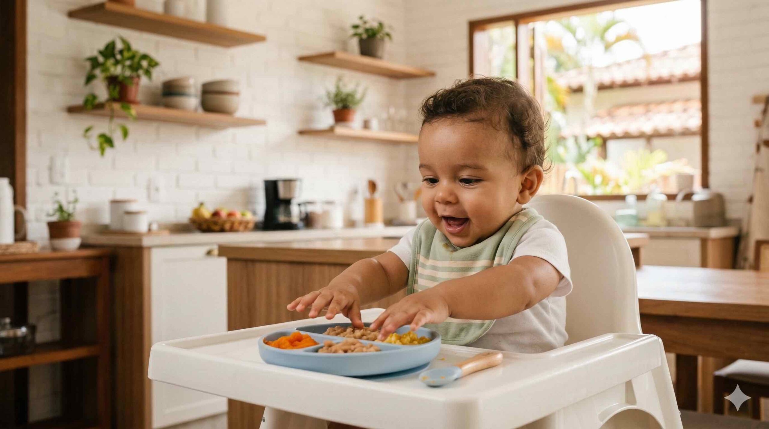 Bebê pronto para introdução alimentar na cadeirinha