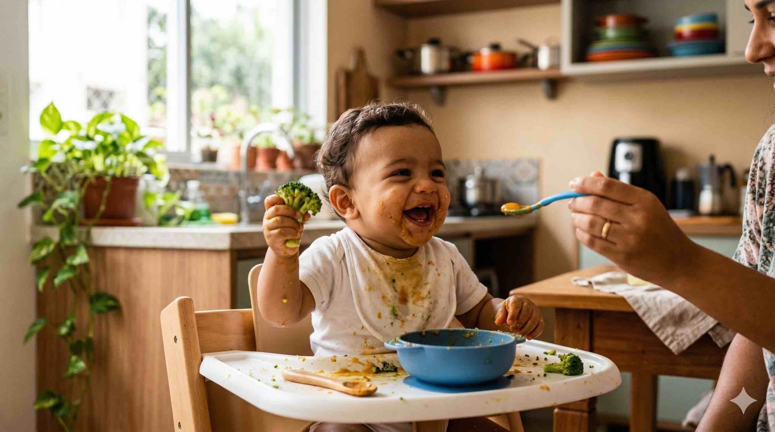 Bebê explorando comida com as mãos